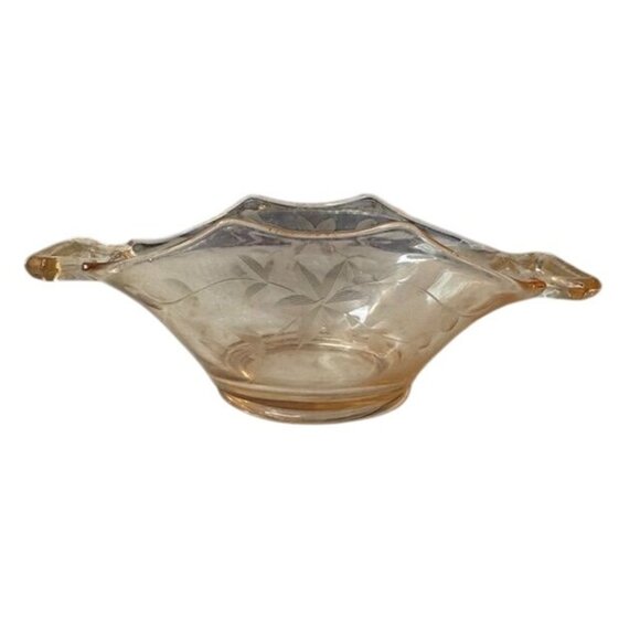 Vintage Pink Depression Glass Etched Floral Bowl With Dual Handles - Picture 1 of 7